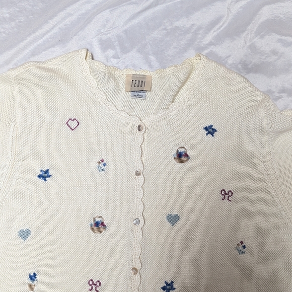 Vintage Teddi Embroidered Easter Basket Flower Cardigan Scallop Edge Grannycore - Picture 2 of 11